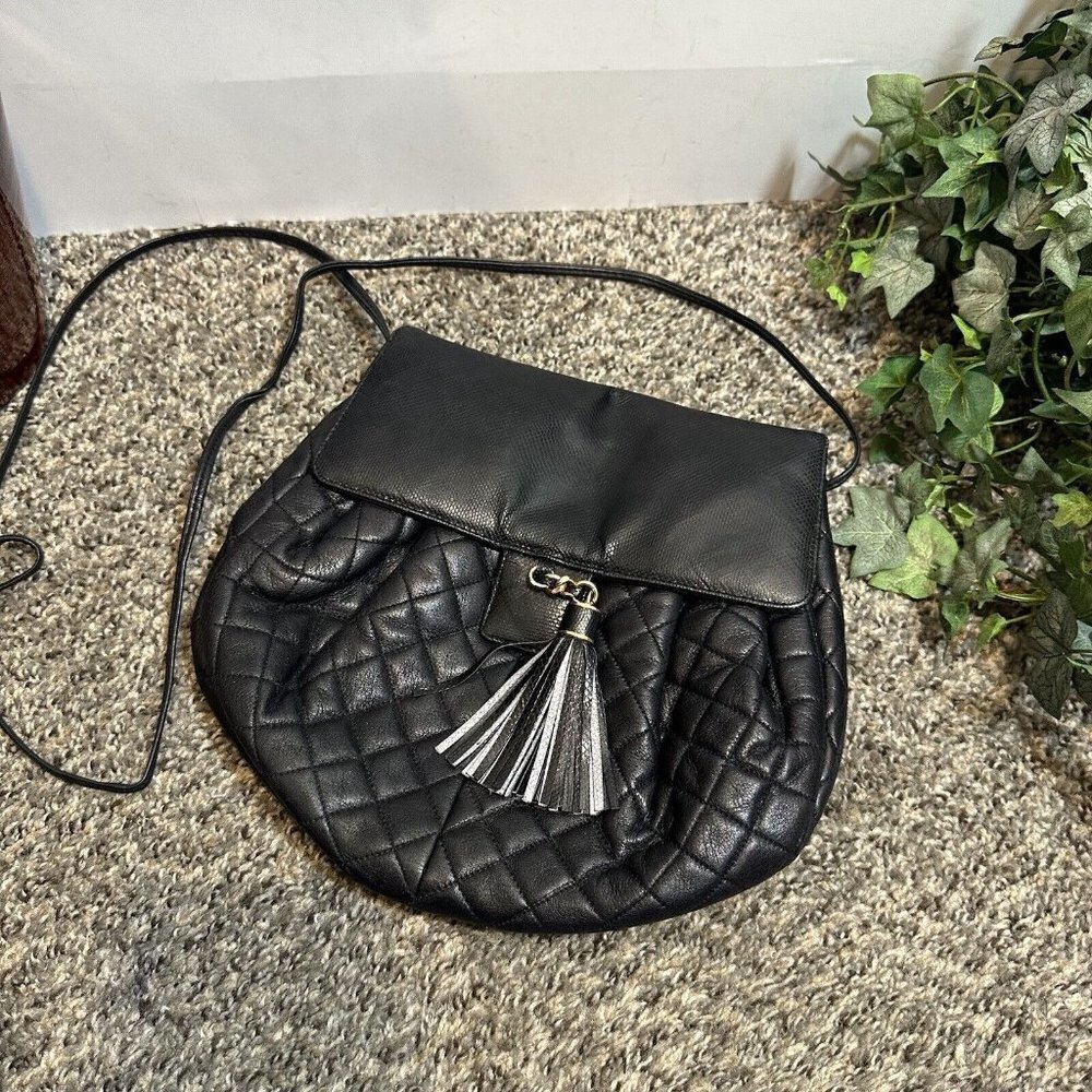 Susan Gail Black Quilted Leather Crossbody Shoulder Bag Purse Tassel Vintage - Picture 9 of 9